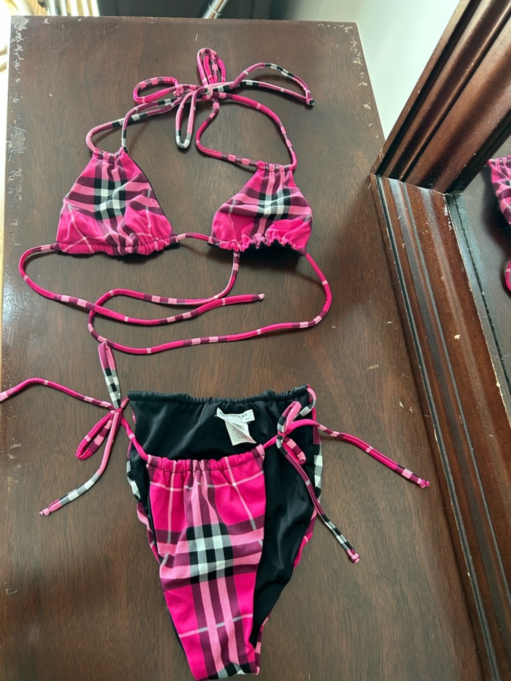Vintage Burberry Pink Plaid String Bikini Set